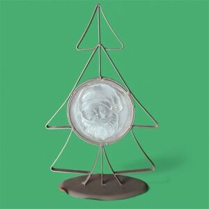 Vintage Iron Christmas Tree Santa In Frosted Glass Elements Tea Holder Candle